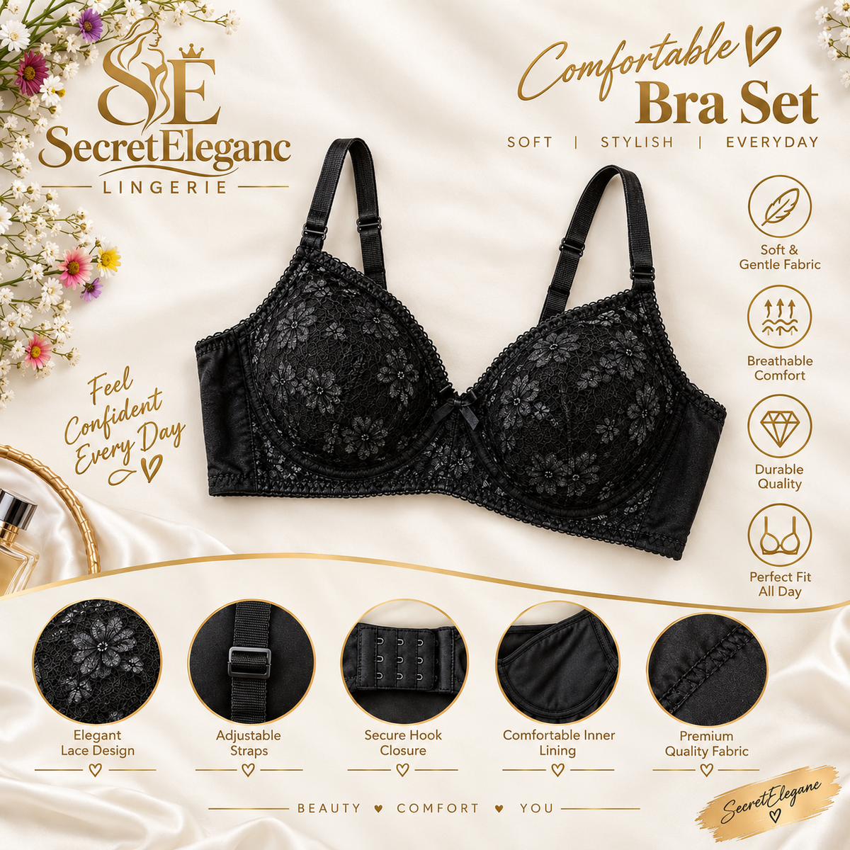 Soft Jersey Net Lace Comfort Bra - Breathable Everyday Bra