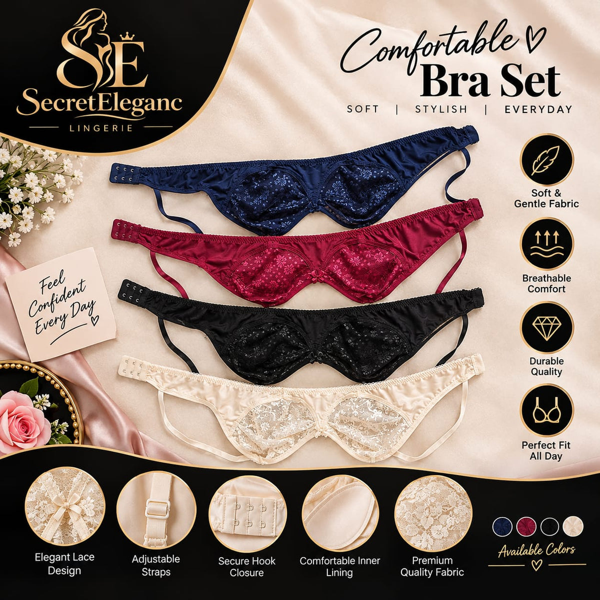 Soft Jersey Net Lace Comfort Bra - Breathable Everyday Bra