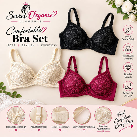 Soft Jersey Net Lace Comfort Bra - Breathable Everyday Bra