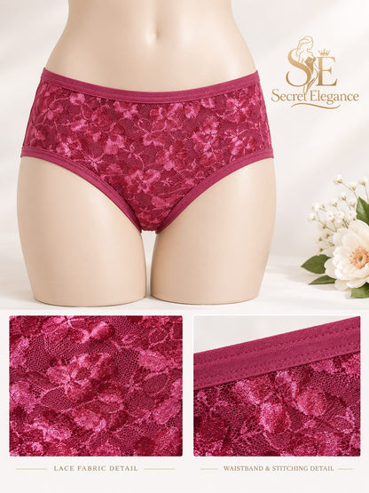 Lace Floral Panty For Women - Soft Jersey - Maroon - Secret Elegance