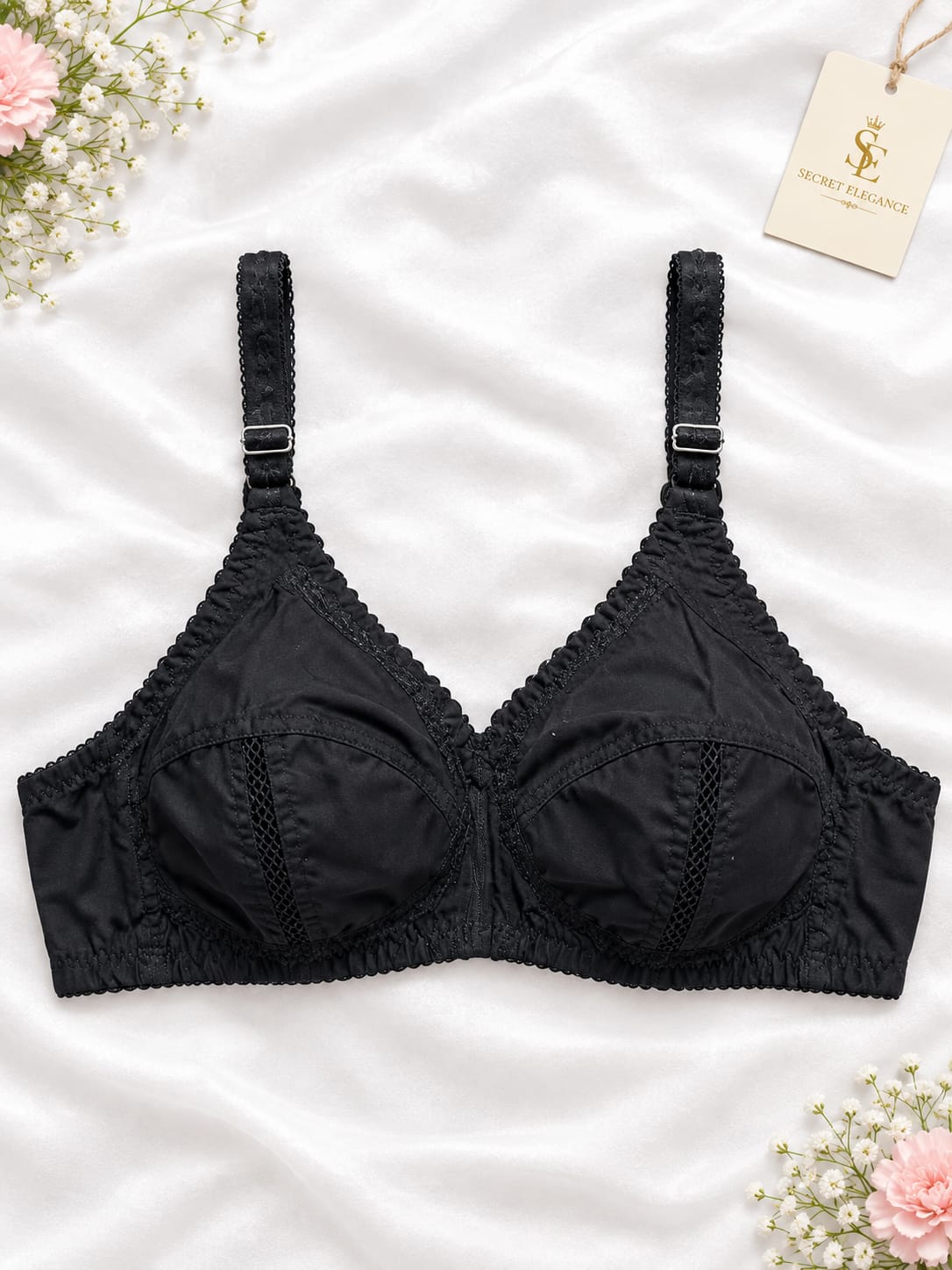 ⭐ PREMIUM - Women's Black Cotton Bra - Non-Padded Full Coverage - Secret Elegance