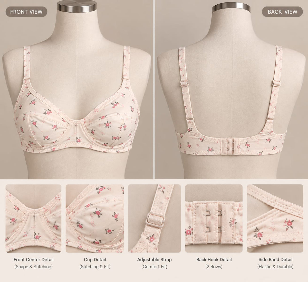 Malai Jersey Printed Bra - Skin Beige | Ultra Soft, Stretchable & Wireless Comfort