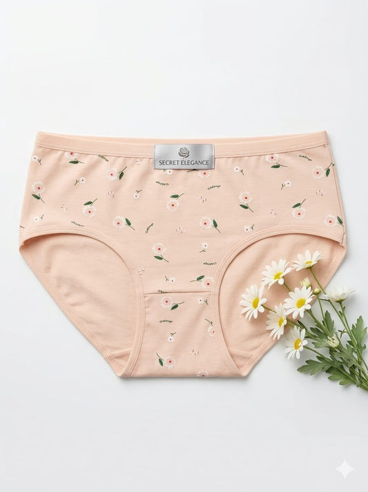 Women's Printed Jersey Panty - Beige Floral - Soft Cotton Underwear - Secret Elegance