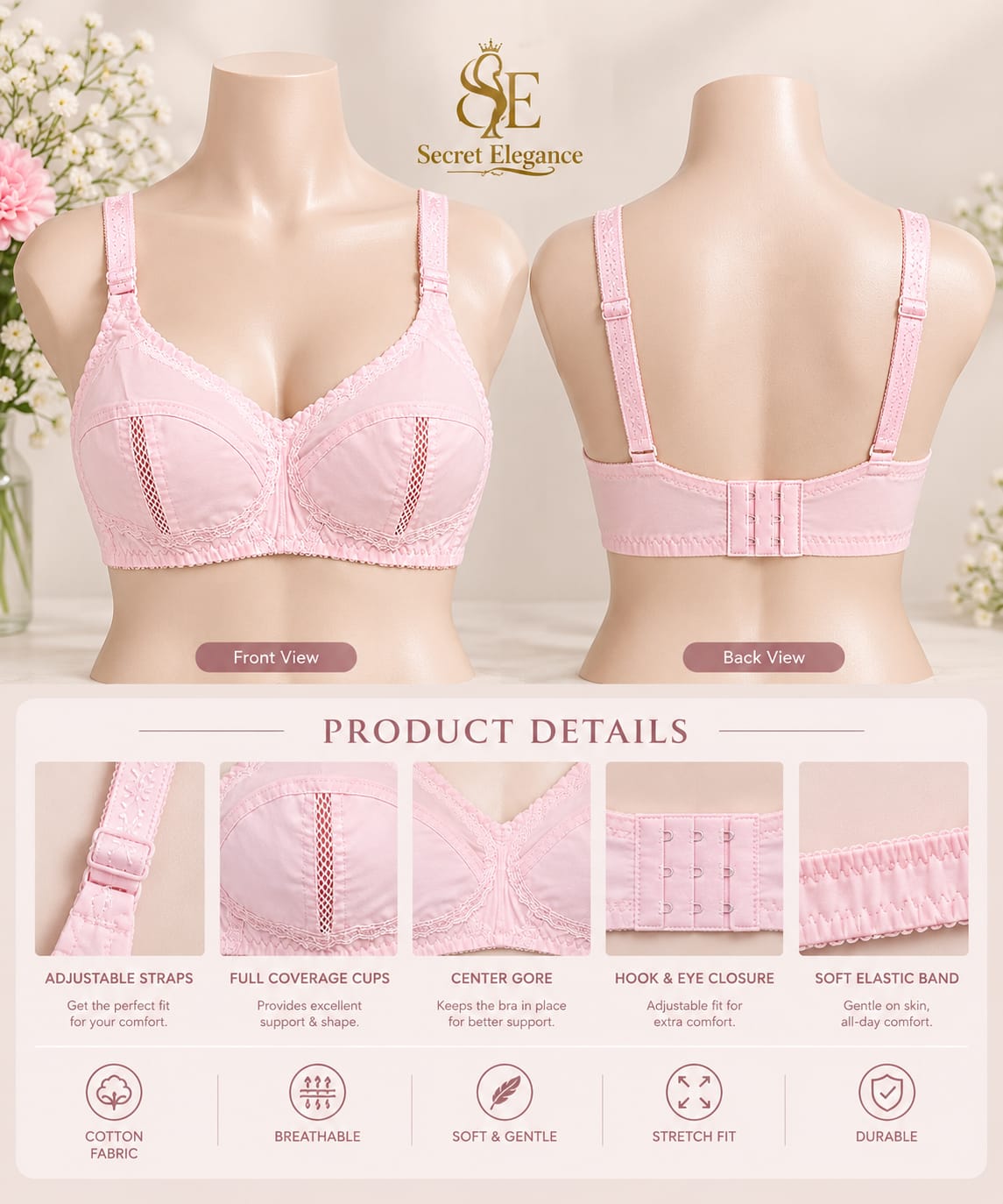 ⭐ PREMIUM - Women's Black Cotton Bra - Non-Padded Full Coverage - Secret Elegance
